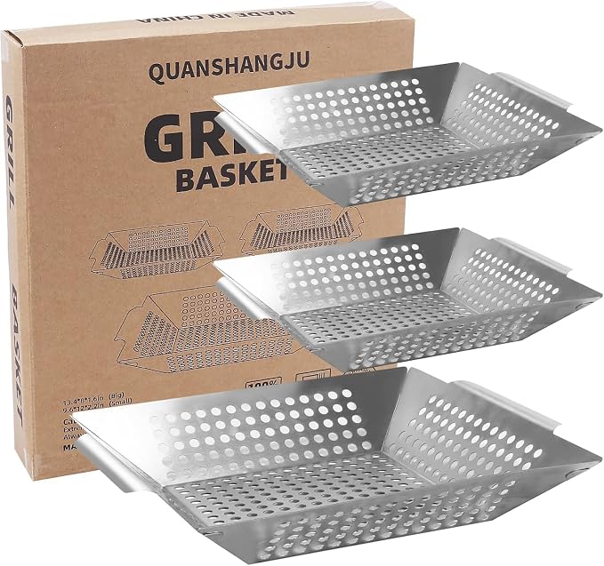 Vegetable Grill Basket for Outdoor Grill - Extra Large, Heavy-Duty Stainless Steel Veggie Grilling Basket with Handles (3Pack)