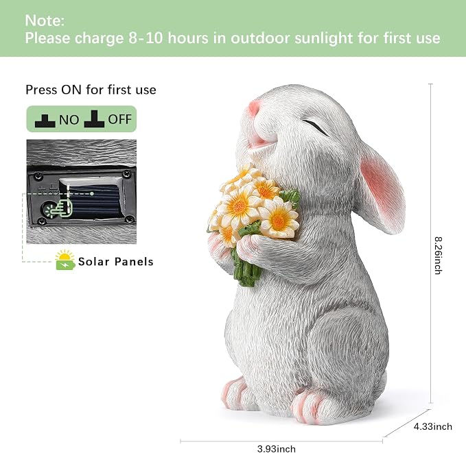 Solar Rabbit Garden Statues Outdoor Bunny Decor Resin Rabbit Figurine Holding Sunflower with LED Lights for Proch Patio Lawn Yard Mother's Day Christmas Birthday Gardening Gifts for Mom Women