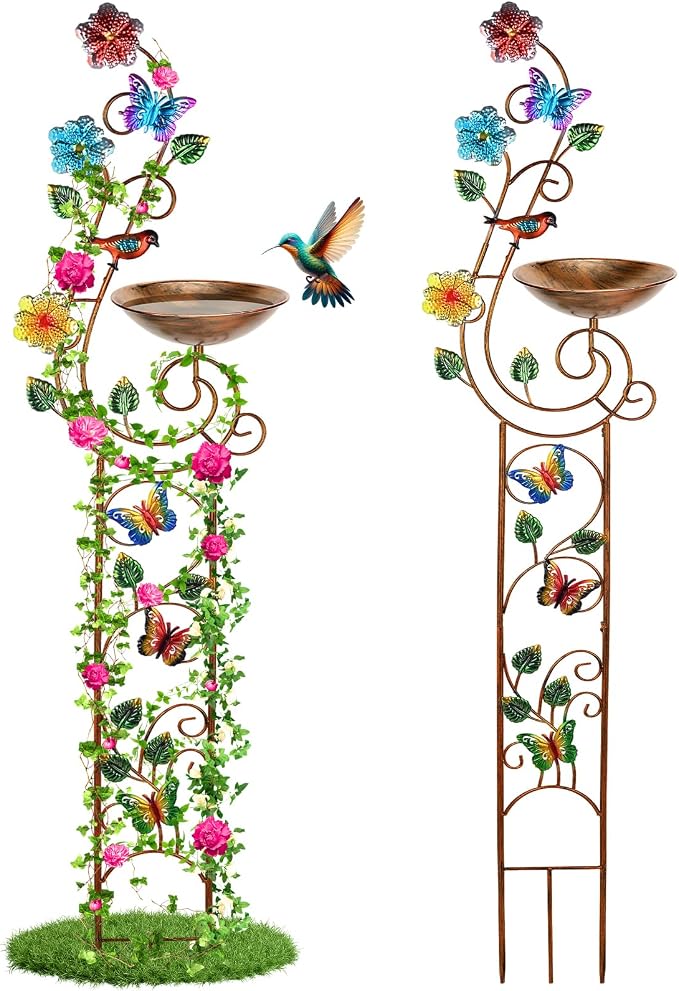 YADOOLIFE 57” Bird Bath with Garden Trellis for Climbing Plants Outdoor, Small Decorative Trellises Metal Birdbath Bird Baths, 1 Piece (Butterfly)