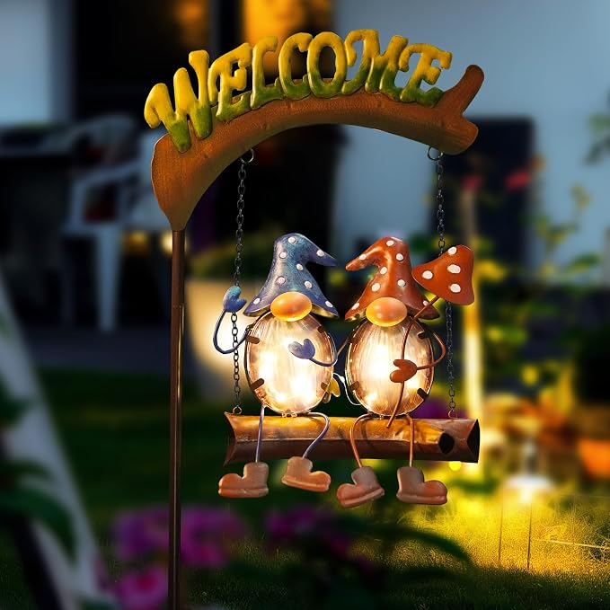 Gnomes Garden Decor Solar Lights, 48 Inch Welcome Sign Swing Yard Decorations Outdoor Decorative Stake for Lawn Porch Backyard Patio, Gnome Gardening Gifts for Women Mom