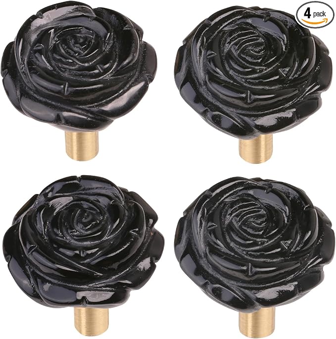 mookaitedecor Set of 4 Natural Black Obsidian Crystal Cabinet Knobs with Screws, Decorative Floral Stone Drawer Pulls for Dresser Door Kitchen