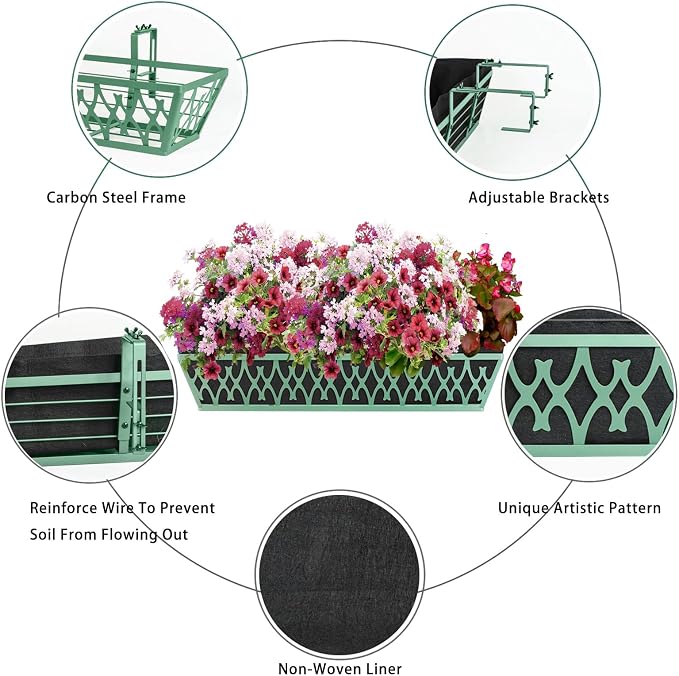 2 Pack 30 Inch Window Boxes Planters Railing Planter Box with Adjustable Brackets & Non-Woven Fabric Plant Grow Bags Deck Railing Planter Boxes Balcony Hanging Flower Box for Outdoor Plants