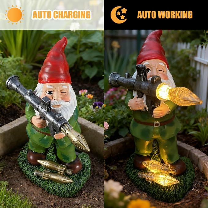 Large Garden Gnome Statue with Guns, Solar Military Army Soldier Guardian Hunter Gnome Garden Decoration Figurine Lights Porch Decor Valentine's Day Men Gift Scale War Combat Guards Patriotic Dwarves