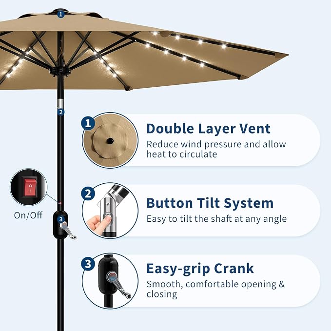 GarveeLife Patio Umbrella with Solar Lights, Outdoor Table Umbrella with 8 Durable Ribs, Tilt & Crank Mechanism, Water & UV Protection Sun Shade Umbrella for Garden, Poolside, Backyard (Tan, 9 FT)