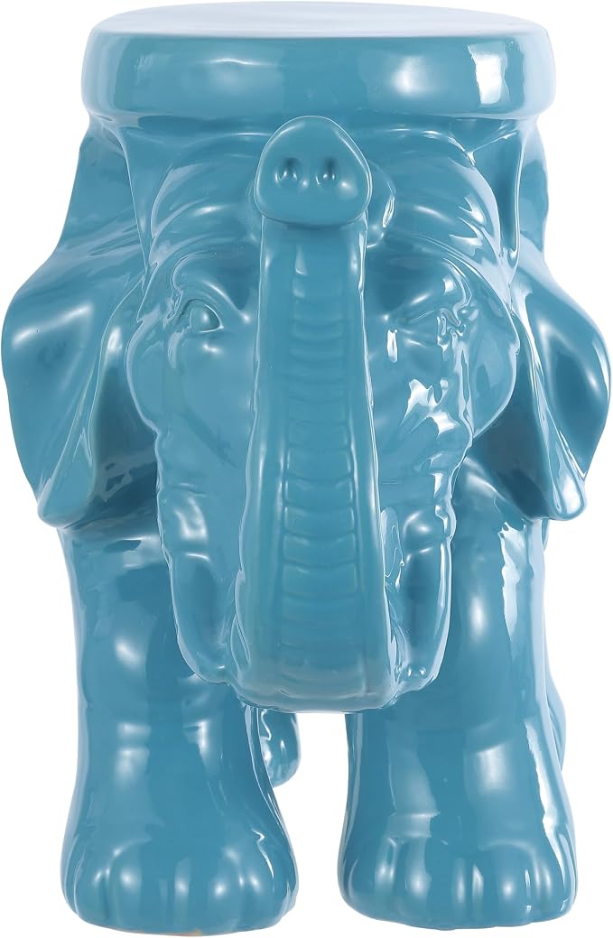 JONATHAN Y White Elephant 14.25" Glazed Ceramic Elephant Garden Stool, Weather-Resistant Indoor/Outdoor Patio Side Table and Plant Stand, Bohemian, Blue TBL1007D
