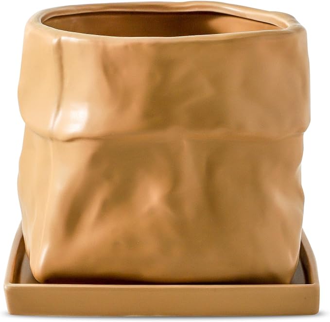 Nihow 8 Inch Ceramic Plant Pot with Drainage & Square Saucer,Terracotta | Bag Shape Design,Indoor & Outdoor,Living room/Office/Bedroom/Windowsill/Tabletop,Plant Lovers/Gardeners/Beginners