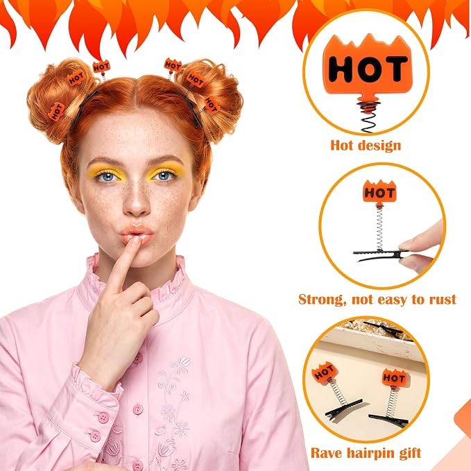Tigeen 30 Pcs Glow Rave Trinkets Festival Flame Hot Hair Clip Holiday Spring Loaded Funny Fire Hair Accessories for Women Music Festival Halloween Carnival Costume Cosplay Party Photo Props