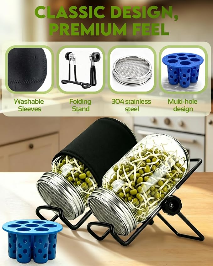 Seed Sprouting Jar Kit & Green Onion Regrower – 6 Regular Mouth Mason Jars with Stainless Steel Sprout Lids, Stand, Drain Tray & Blackout Sleeves – Grow Broccoli, Alfalfa, Mung Beans & Microgreens