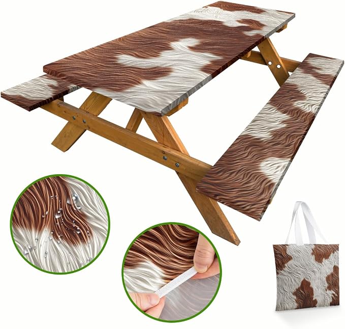 Cow Fur Texture Picnic Table Cover with Bench Covers and Carrying Bag, Cowhide Animal Brown Fur Pattern Rectangle Table Cover, Outdoor Patio Camping Essentials 6FT 4PCS, Camping Fitted Tablecloth
