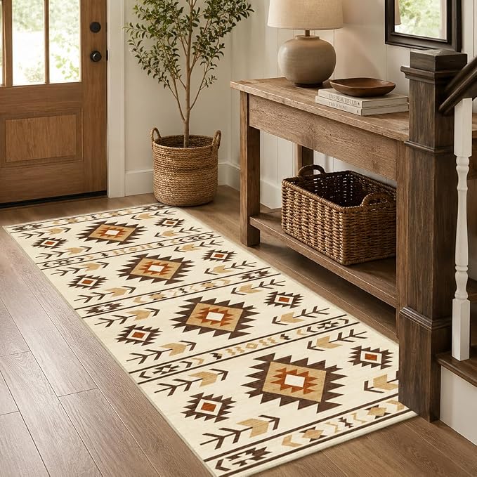 Western Runner Rug 2x6 for Hallway Kitchen Bedroom, Southwestern Aztec Tribal Runner Rugs Southwest Navajo Machine Washable Rug Non-Slip Printed Low-Pile Floor Carpet Mat for Living Room, Camel