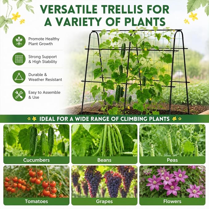 FOLLOOK Cucumber Trellis for Raised Garden Bed, Rustproof Metal Garden Arch Trellis for Climbing Plants Support Outdoor Fruit Grape Vine Vegetable Tomato Pole Bean Snap Pea Trellis, 48x48inch, Black