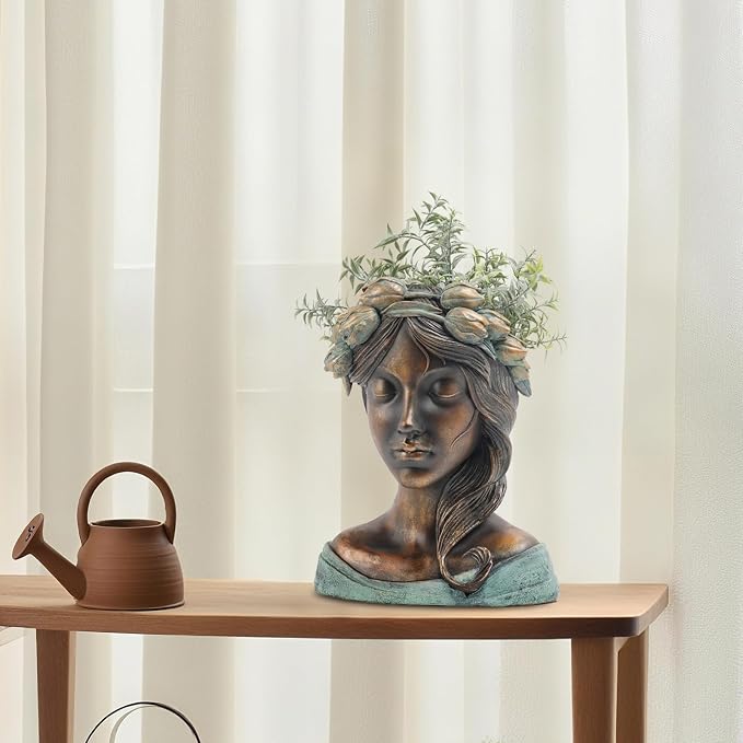 DiliComing Head Planter Face Plant Pots - 10 Inch Flower Pot Succulents Large Outdoor Planters Indoor with Drainage Resin Lady Bronze Statue for Garden Home Decor Porch Gift for Plant Lovers