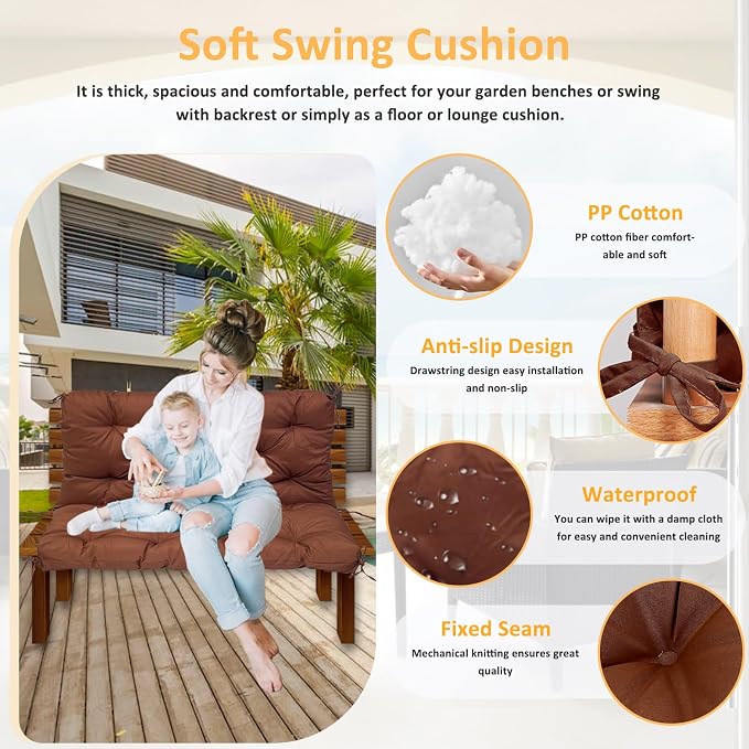 Swing Replacement Cushions for Outdoor: 2-3 Seater Waterproof Porch Bench Cushion with Backrest and Ties - 4" Thick Swing Cushion for Garden Patio Backyard Loveseat
