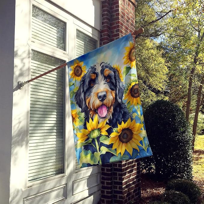 Caroline's Treasures DAC6025CHF Bernedoodle in Sunflowers House Flag Large Porch Sleeve Pole Decorative Outside Yard Banner Artwork Wall Hanging, Polyester, House Size, Multicolor