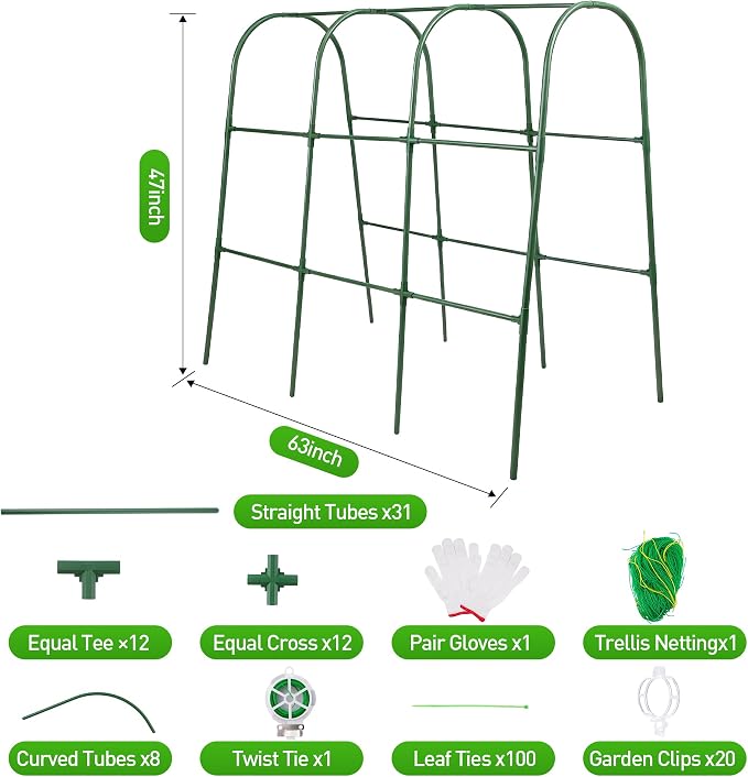 63''X47.2''Cucumber Trellis, Garden Trellis U-Shape Plant Support for Climbing Plants Metel Arch with Netting for Raised Garden Bed Outdoor Cucumbers, Tomatoes, Vine Climbing Plant
