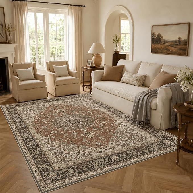 6x9 Area Rug for Living Room Vintage Washable Non Slip Rugs | Farmhouse Boho Floral Neutral Stain Resistant Indoor Carpet for Bedroom Office and Home Decor(Brick&Brown)