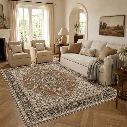 6x9 Area Rug for Living Room Vintage Washable Non Slip Rugs | Farmhouse Boho Floral Neutral Stain Resistant Indoor Carpet for Bedroom Office and Home Decor(Brick&Brown)