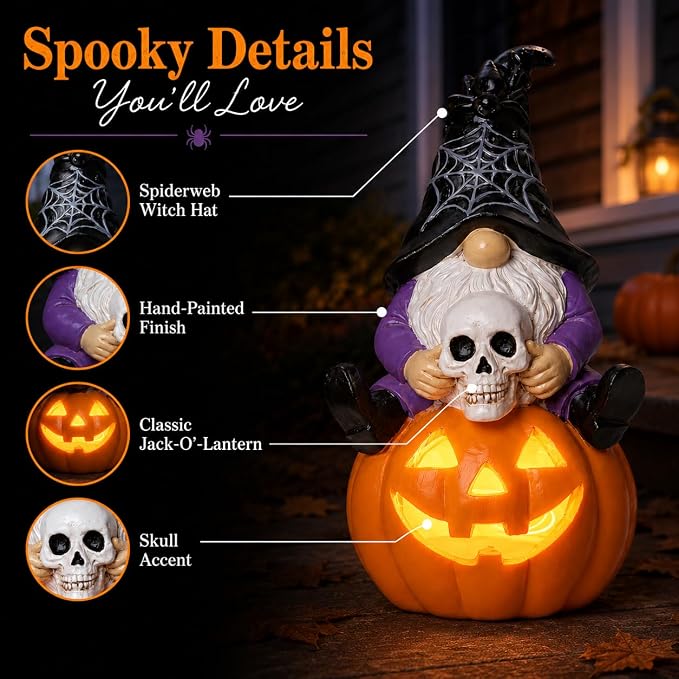 Solar Halloween Gnome Statue Outdoor Decor Lighted Pumpkin Garden Figurine | Halloween Yard Decoration for Patio Lawn Entryway Solar Gnome Statue Outdoor Decor Lighted Pumpkin Skull Garden Figurine