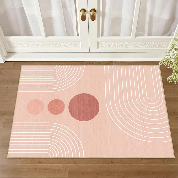 Boho 2x3 Rug for Entryway Modern Geometric Abstract Area Rug Pink Mid Century Modern Machine Washable Door Mat Contemporary Non-Slip Printed Low-Pile Floor Carpet Kitchen Bathroom Laundry Pink