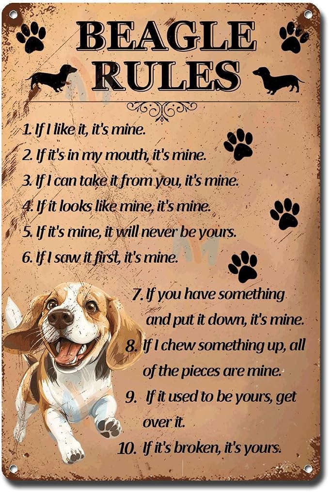 Metal Sign Tin Sign Vintage Wall Art Beagle Rules Gardening Decor Gift for Restaurant 6×8 Inches
