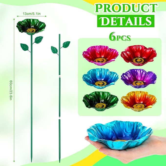 LemonRoad 6 Pcs Metal Bird Baths for Outdoors Flower Pattern Bird Bath Feeders with Metal Stake for Garden Yard Lawn Outdoor Decor(Multicolor)