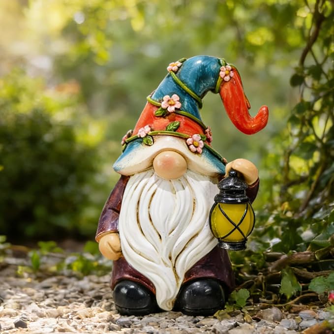 Suyorpe Garden Gnomes Statues with Solar LED Light - Mini 4.9 inch Gnome Sculptures for Porch Balcony Patio Yard Lawn Balcony Home Decor Mother's Day Birthday Gifts for Women