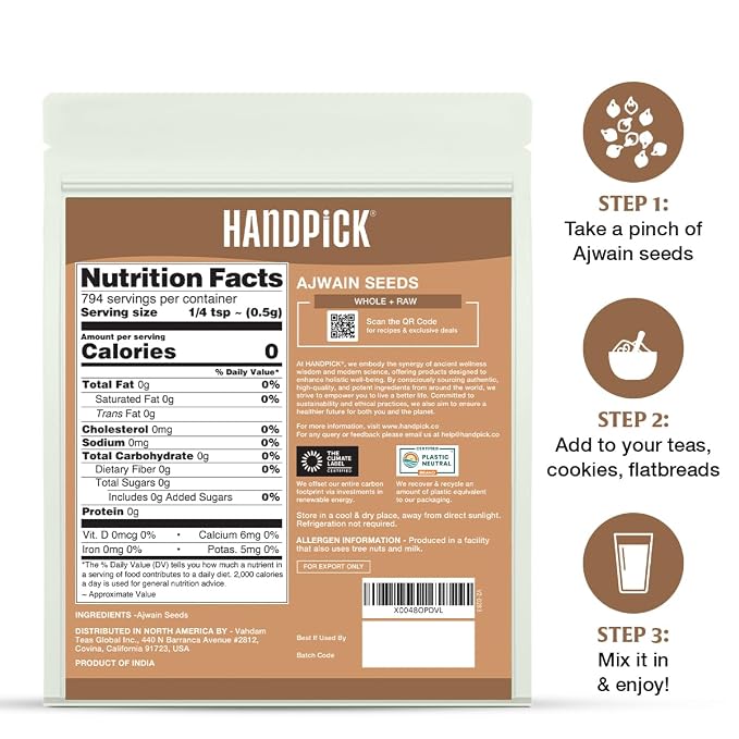 HANDPICK Ajwain Seeds (397g/14oz) Whole Carom Seeds | Vegan, Gluten free, Non GMO | Raw Carom Bishops, Indian Origin | Packed in Resealable Ziplock Pouch