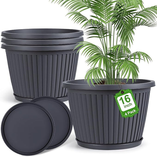 16-inch-Large-Planters-for-Outdoor-Plant，Plastic Indoor Flower Pots with Drainage Holes & Saucer，4 Packs Decorative Garden Pots for Plantfor Home Porch Decor