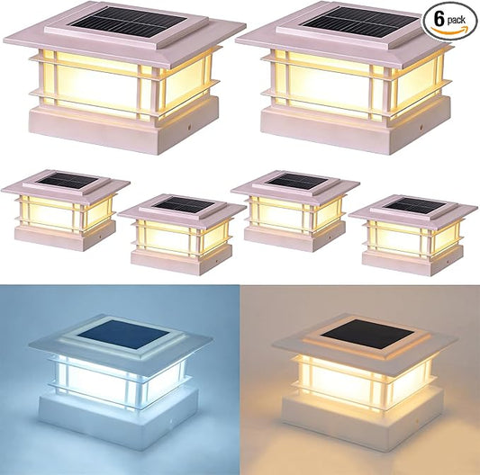Dynaming 4x4 Solar Post Cap Lights Outdoor with 2 Color Mode, 6 Pack Fence Post Solar Lights White Shell Fit for 4x4 Vinyl/Wooden Posts, High Brightness LED Lighting Decor for Garden Deck Patio