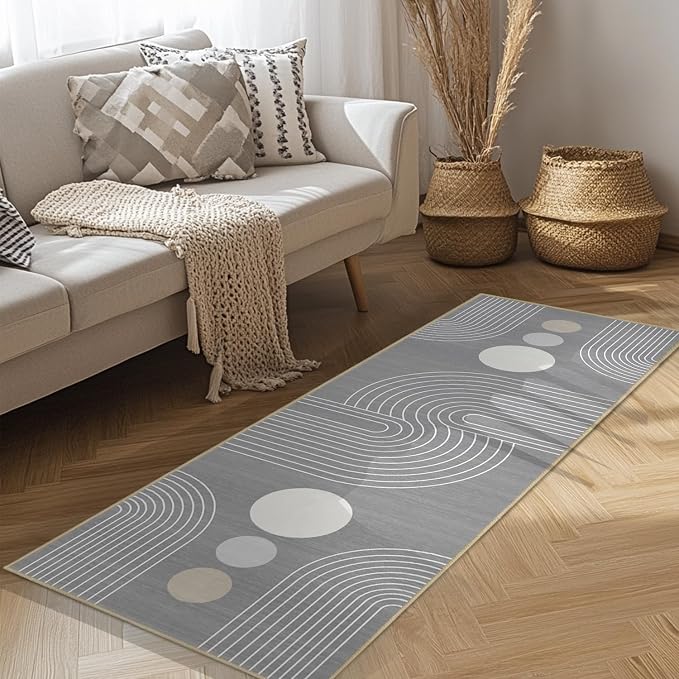 Boho Runner Rug 2x6 Modern Geometric Abstract Rug for Hallway Kitchen Bedroom Grey Mid Century Modern Runner Machine Washable Non-Slip Printed Low-Pile Long Floor Carpet for Bathroom Laundry Gray