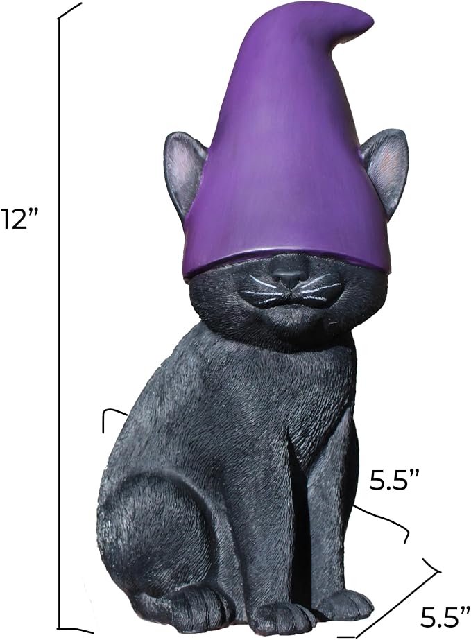 Cat Gnome 12" Tall (Black) | Cute Cat Garden Décor, Spooky Stuff, Halloween Decorations, Lucky Witch Statue