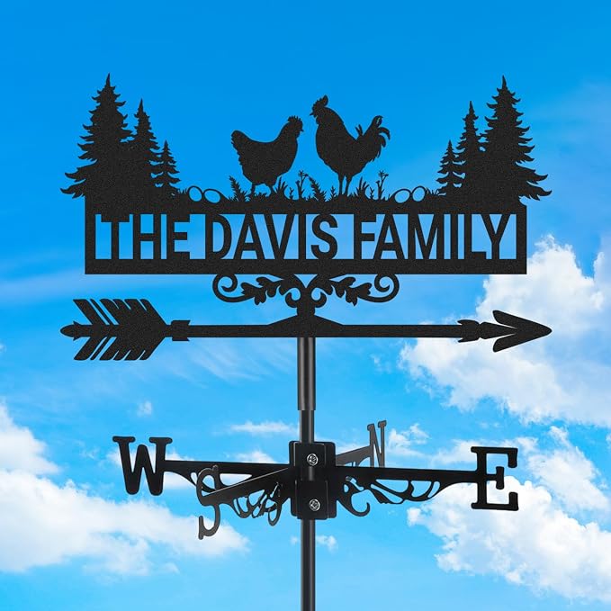 Personalized Metal Weather Vane, Custom Name Weathervane, Chicken Coop Signs, Weather Vanes for Outside, Wind Vanes for Farmhouse Yard Shed Decor, Housewarming Gifts Color07