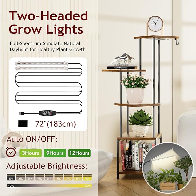 Homsorout Plant Stand Indoor with Grow Light - 5-Tier Metal Plant Shelf with Hanging Basket Hook, Corner Tall Flower Holder for Multiple Plants, Living Room Balcony Garden Patio, Rustic Brown