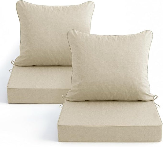 Summsun Patio Chair Cushions Set of 2, Faux Linen Outdoor Furniture Cushions, Water Resistant Backrest and Deep Seat Cushion Set with Straps, Removable Cover, Non-Slip Bottom, 22 x 22 Inch, Beige