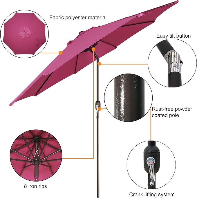 Blissun 9' Outdoor Patio Umbrella, Outdoor Table Umbrella, Yard Umbrella, Market Umbrella with 8 Sturdy Ribs, Push Button Tilt and Crank