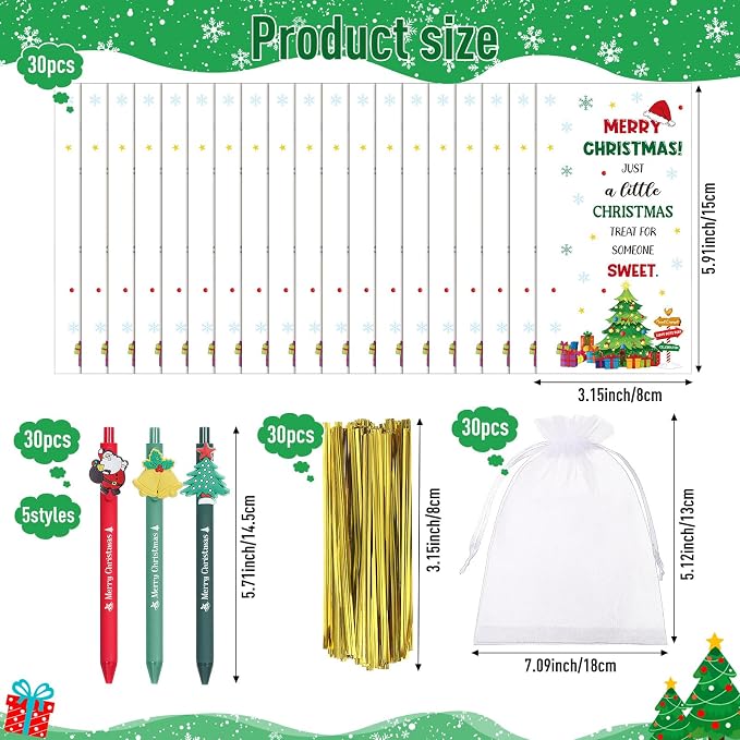 Marspark 30 Set Christmas Gifts Bulk Christmas Ballpoint Pens and Greeting Cards Set with Bag Twist Ties for Employee Coworker Teacher Student School Office Home Party Favor