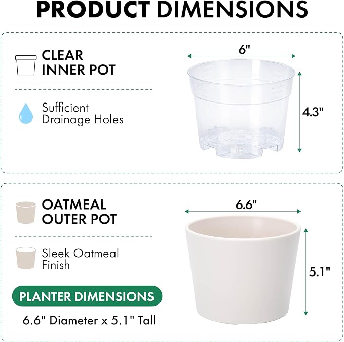Phoenix Vine 6.6 Inch Oatmeal Plastic Cachepot with Clear Nursery Pot, Decorative Lightweight Planter Cover with Transparent Inner Pot for Indoor Houseplants, Pack of 4, 24-C-G-4