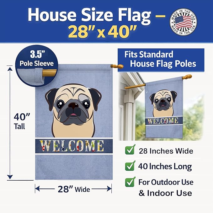 Caroline's Treasures BB1448CHF Fawn Pug Welcome House Flag, Blue Large Porch Sleeve Pole Decorative Outside Yard Banner Artwork Wall Hanging, Polyester, House Size, Multicolor