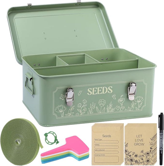 Pimoys Seed Storage Organizer, Metal Seed Saving Box with Lid, Seed Bank Container with 50 Labels 50 Envelopes 20 Plant Clips 32.8Ft Plant Tie, 4 Compartments Box Garden Seed Bin with Safety Locks