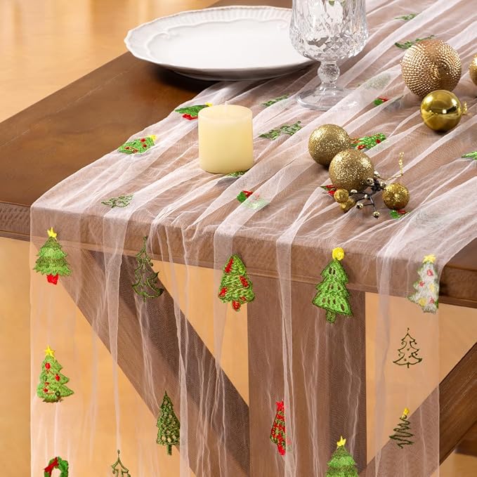 Socomi Christmas Table Runner Tulle Gauze Cheesecloth Embroidery Sheer Table Runners for Winter Wedding Party Baby Shower Birthday Holiday Picnic Home Decor