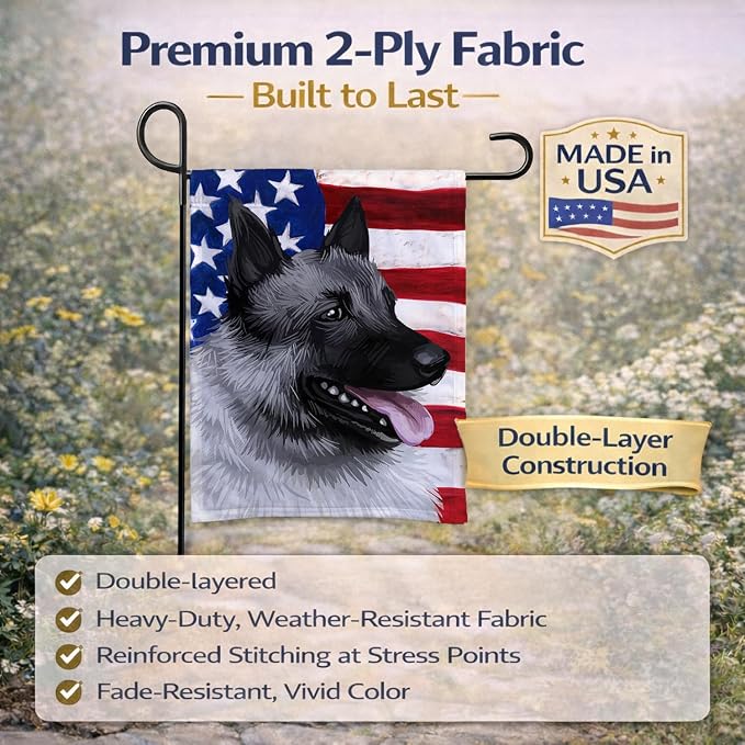Caroline's Treasures CK6631GF Norwegian Elkhound Dog American Flag Garden Flag Mailbox Flag Decorative Yard Flag Banner Outside Patio Artwork Yard Flower Beds, Garden Size, Multicolor