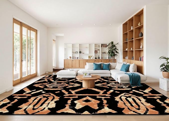 10x14 Area Rugs for Living Room Ethnic African Print Boho Chocolate Abstract Brown Artwork Handmade Washable Large Area Rug for Bedroom Non Slip Outdoor Carpets Soft Mats Kitchen Home Office Decor