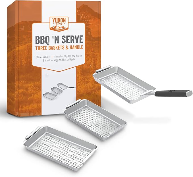 Yukon Glory BBQ 'N SERVE Grill Basket Set — 3 Commercial-Grade Stainless Steel Baskets, Clip-On Handle & Patented Grill-to-Table Design, RUST-PROOF, Dishwasher Safe, for Fish, Vegetables & Meat