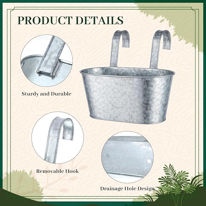 16 Pcs Hanging Flower Pots Planters for Outdoor Metal Iron Wall Flower Planter Baskets for Railing Fence Balcony Garden Yard Home Indoor Decoration with Detachable Hooks (Silver)