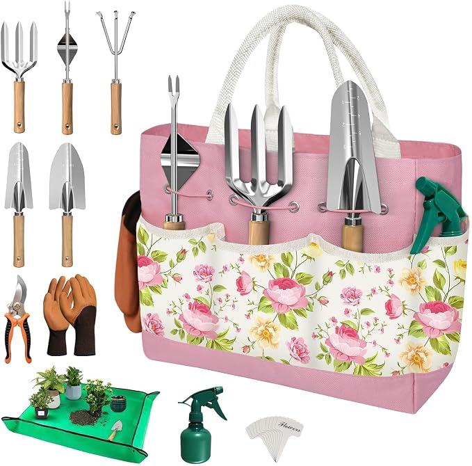 22PCS Garden Tools Set for Women,Birthday Gifts for Mom Wife Grandma,Heavy Duty Hand Tool Kit Gardening Supplies Included Handy Tote Bag/Trowel/Repotting Mat/Rake/Pruner/Gloves/Plant Tags -Pink