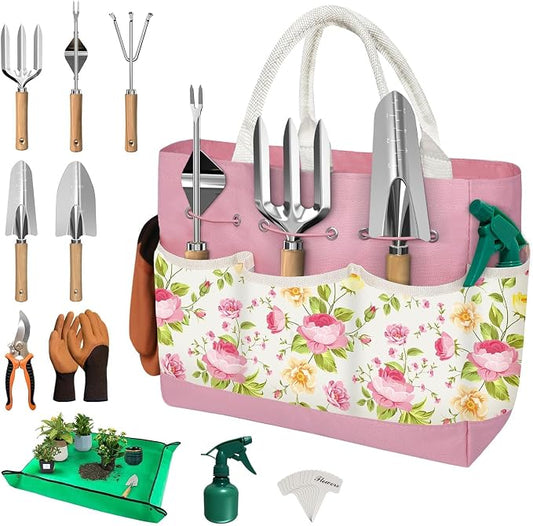 22PCS Garden Tools Set for Women,Birthday Gifts for Mom Wife Grandma,Heavy Duty Hand Tool Kit Gardening Supplies Included Handy Tote Bag/Trowel/Repotting Mat/Rake/Pruner/Gloves/Plant Tags -Pink