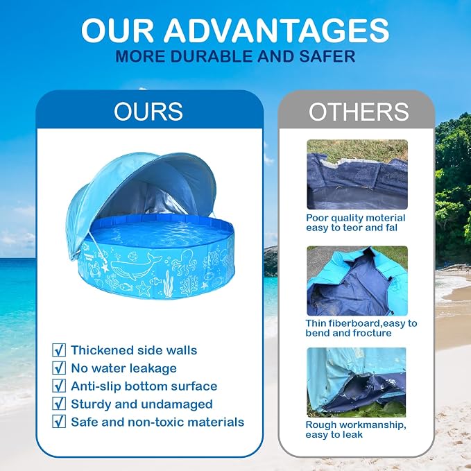 Kiddie Pool with Canopy - 47 in Foldable Kids Pool, Summer Water Play Kids Pool with Shade, Portable Non-Slip Swimming Pool & Dog Pool for Outdoor, Beach, Backyard