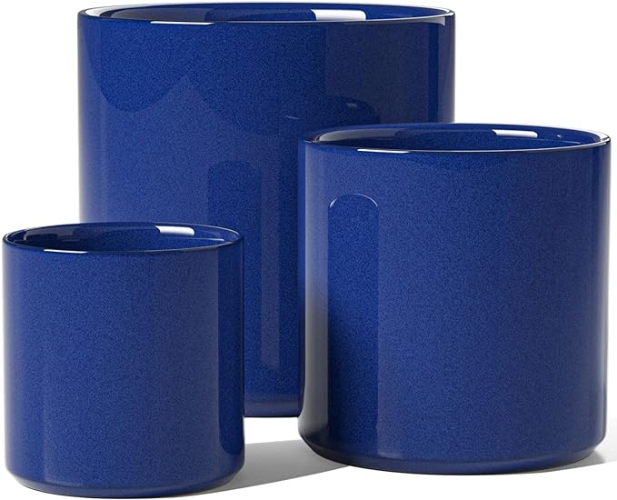 LE TAUCI 10+8+6 Inch Ceramic Pots for Plants, Indoor Planters with Drainage Hole and Plug, Modern Cylinder Flower Pots Set of 3 for Office and Living Room, Glossy, Midnight Blue