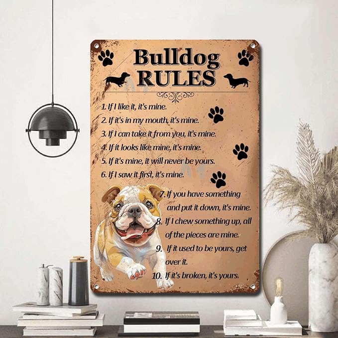 Metal Sign Tin Sign Vintage Wall Art Bulldog Rules Signs for Garden for Club 8×12 Inches