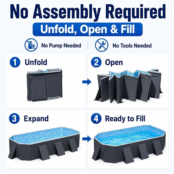Japard 104" Foldable Non-Inflatable Swimming Pool, XL Indigo Blue | Kiddie Family Swimming Baby Toddler 20 Inch Deep with Reinforced Sidewalls for Backyard Rectangle